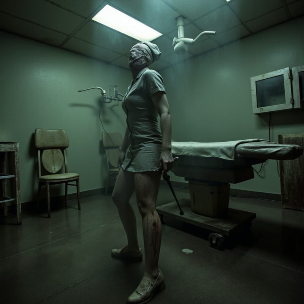 A silent hill nurse stands in a contorted stance next to an operating table in an abandoned operating room. The nurse is holding an old syri...