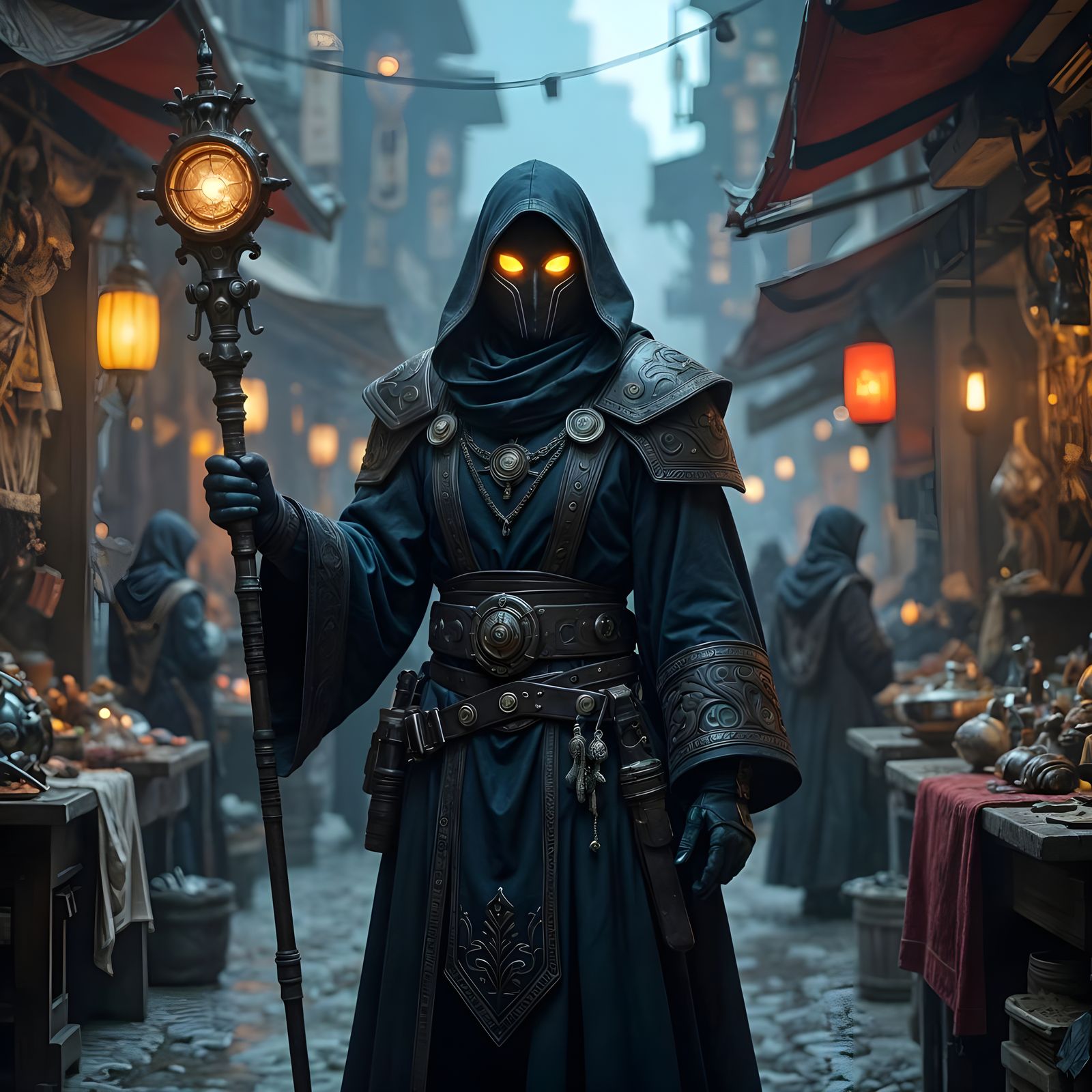 Alien Merchant in Bustling Marketplace: Cosmic Horror Aesthe...