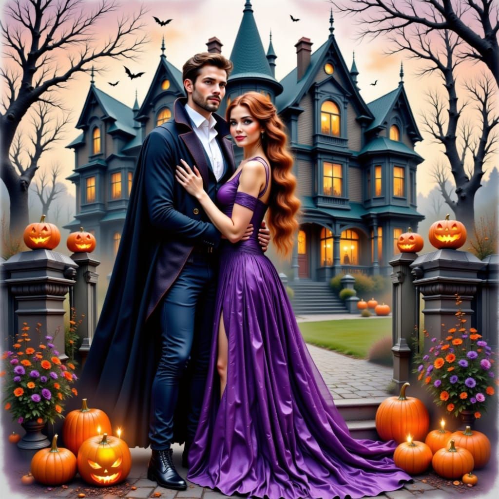 A couple, man and woman, in their mid 20s, he's handsome, has brown hair and blue eyes, she is gorgeous,  has long auburn hair and green eye...