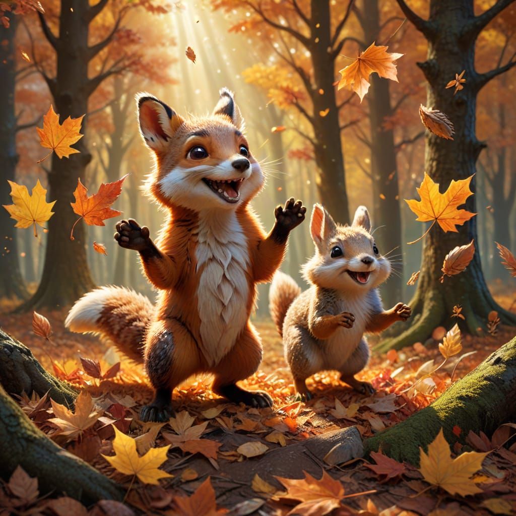 Fox and rabbit gleefully tossing autumn leaves in the air.  by @Papillon