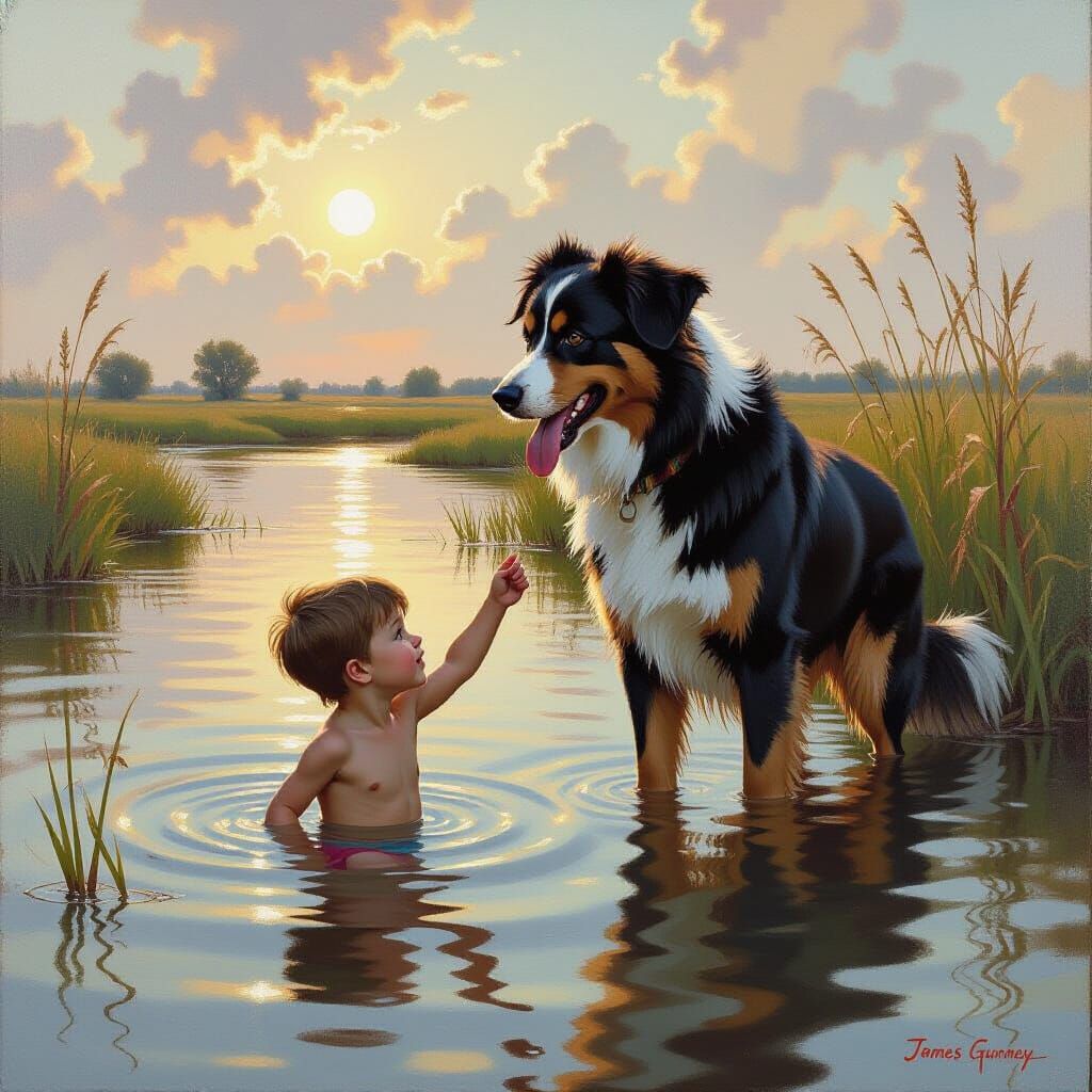 Dramatic Painting of Dog Rescuing Drowning Child