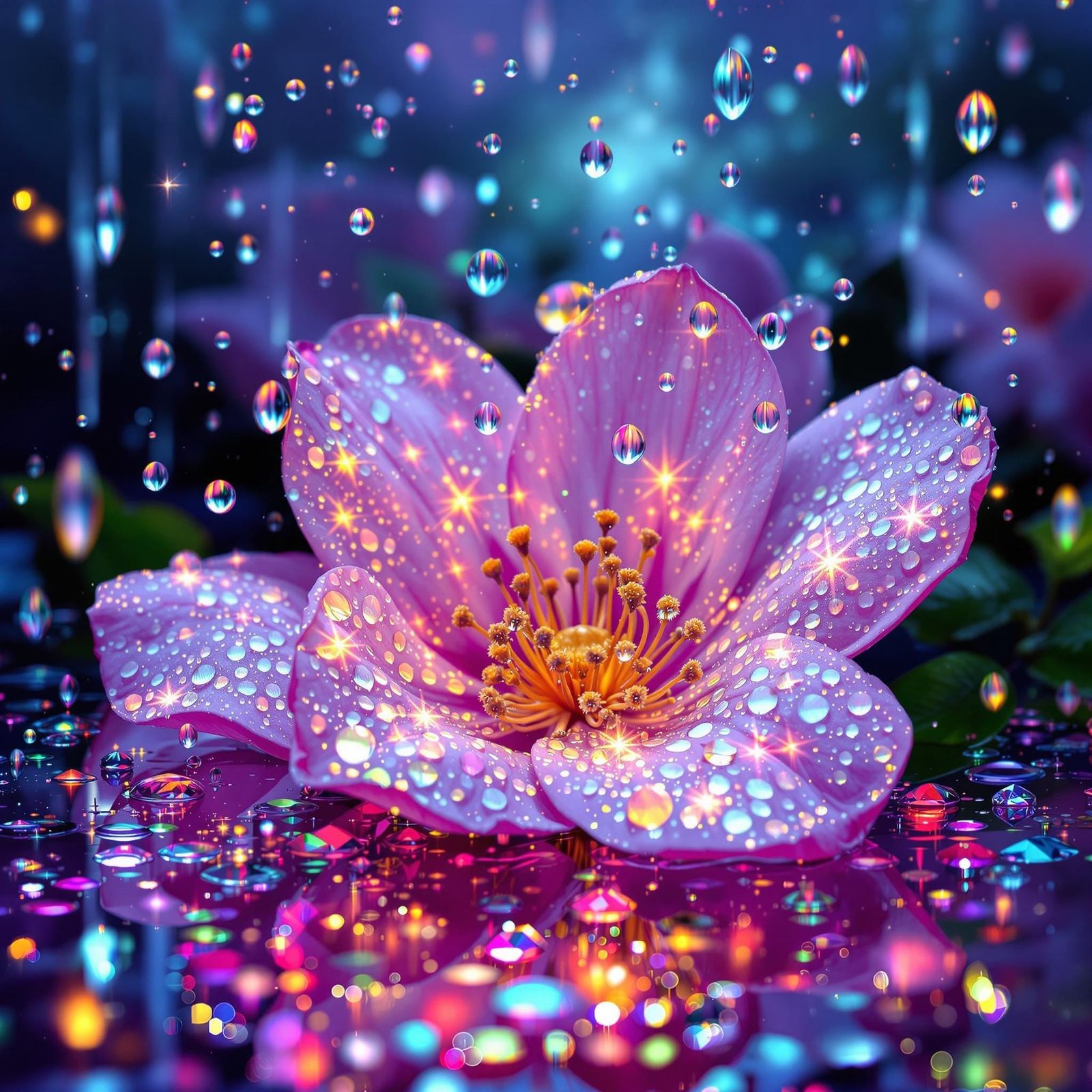 Raindrops on petals, reflecting the starlight sky, in gemstone colors   by @betsy 