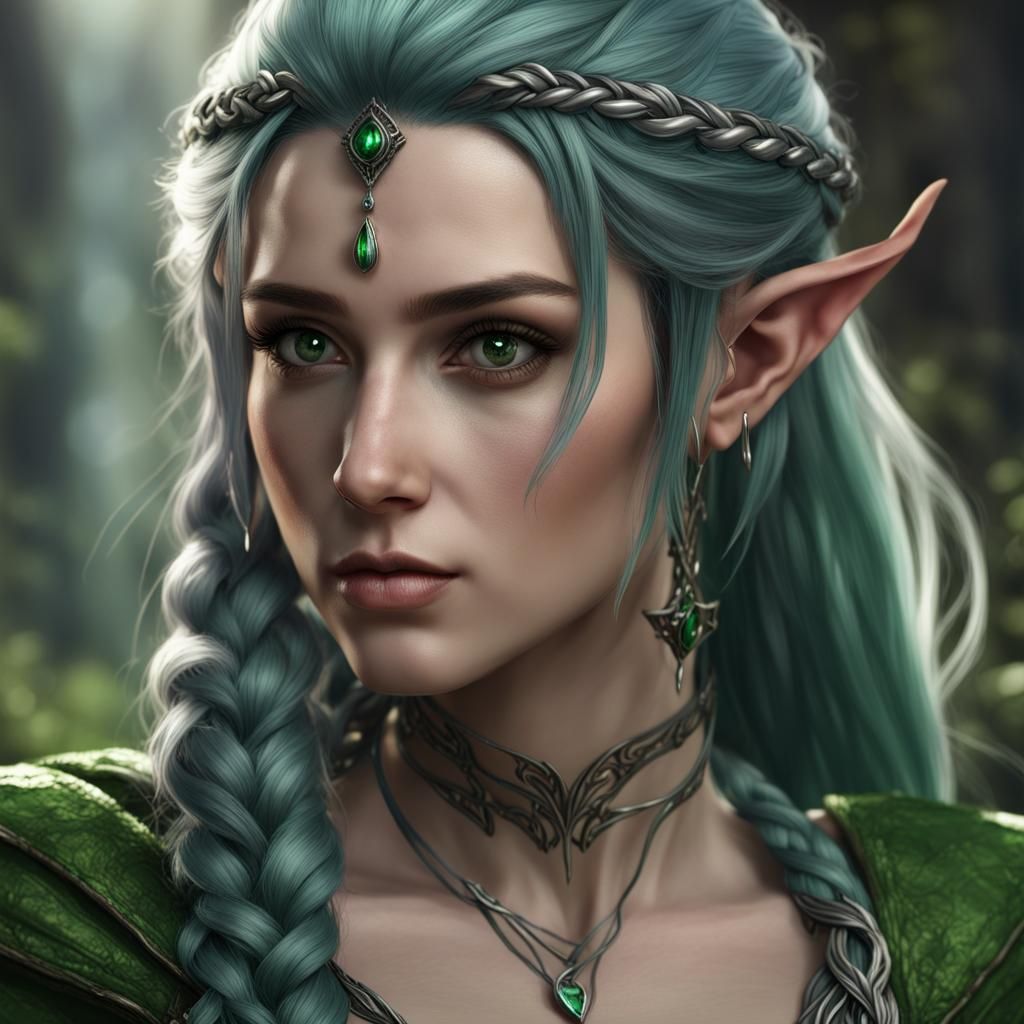 half-elf with silver and dark green hair, green eyes, gray s...