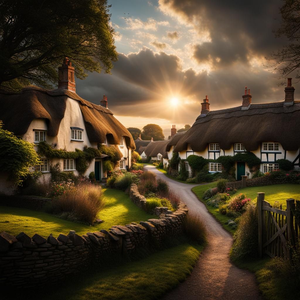 Thatched cottages in a Dorset village  by @Badvok