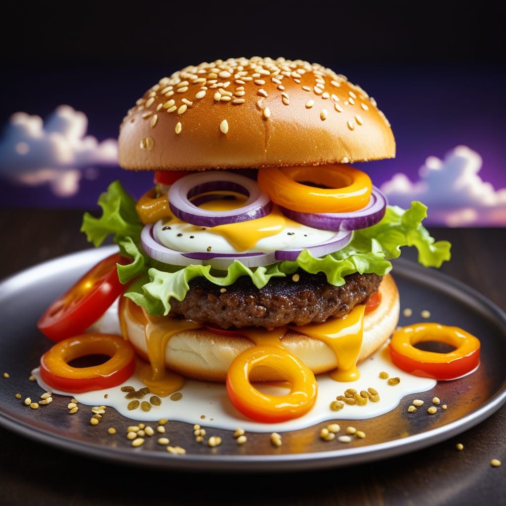 Surreal Cloud Hamburger on a Shiny Plate