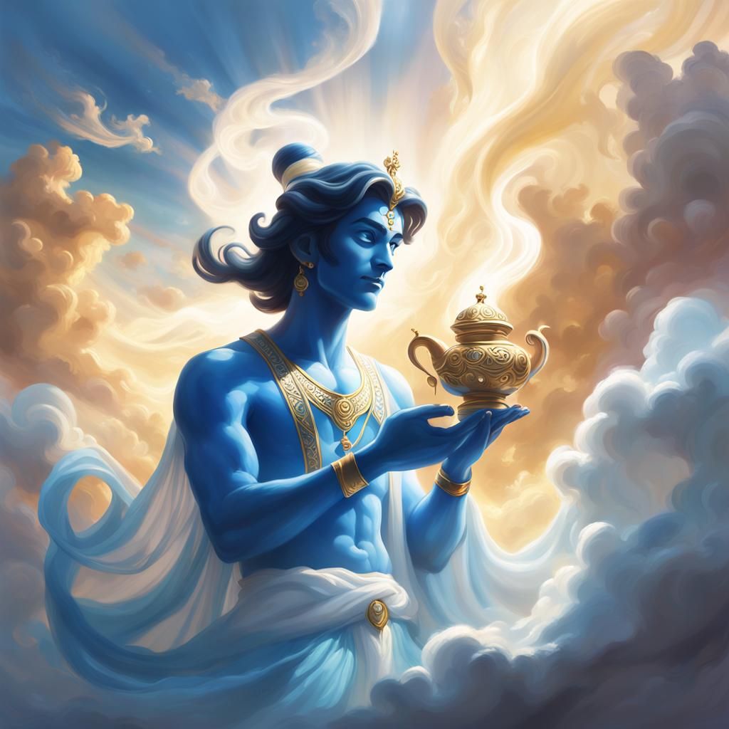 Blue Jinn Emerges from Lamp in Heaven