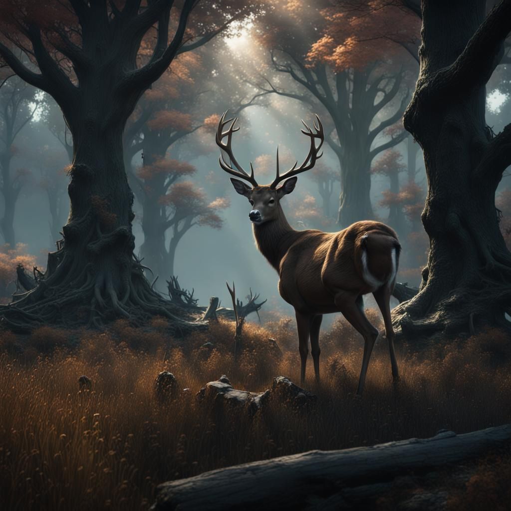 dark forest, in background a field with a deer