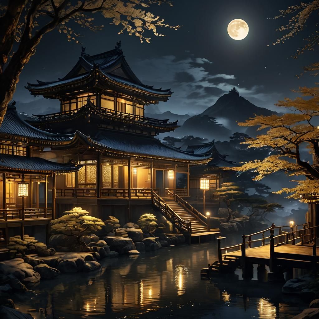 Pagodas in the Moonlight  by @KhaliCat