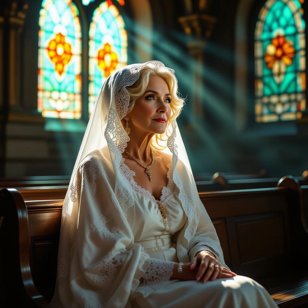 An older blonde woman wearing a white lace mantilla sitting on a pew in an old church with a huge stained-glass ...  by @Robin