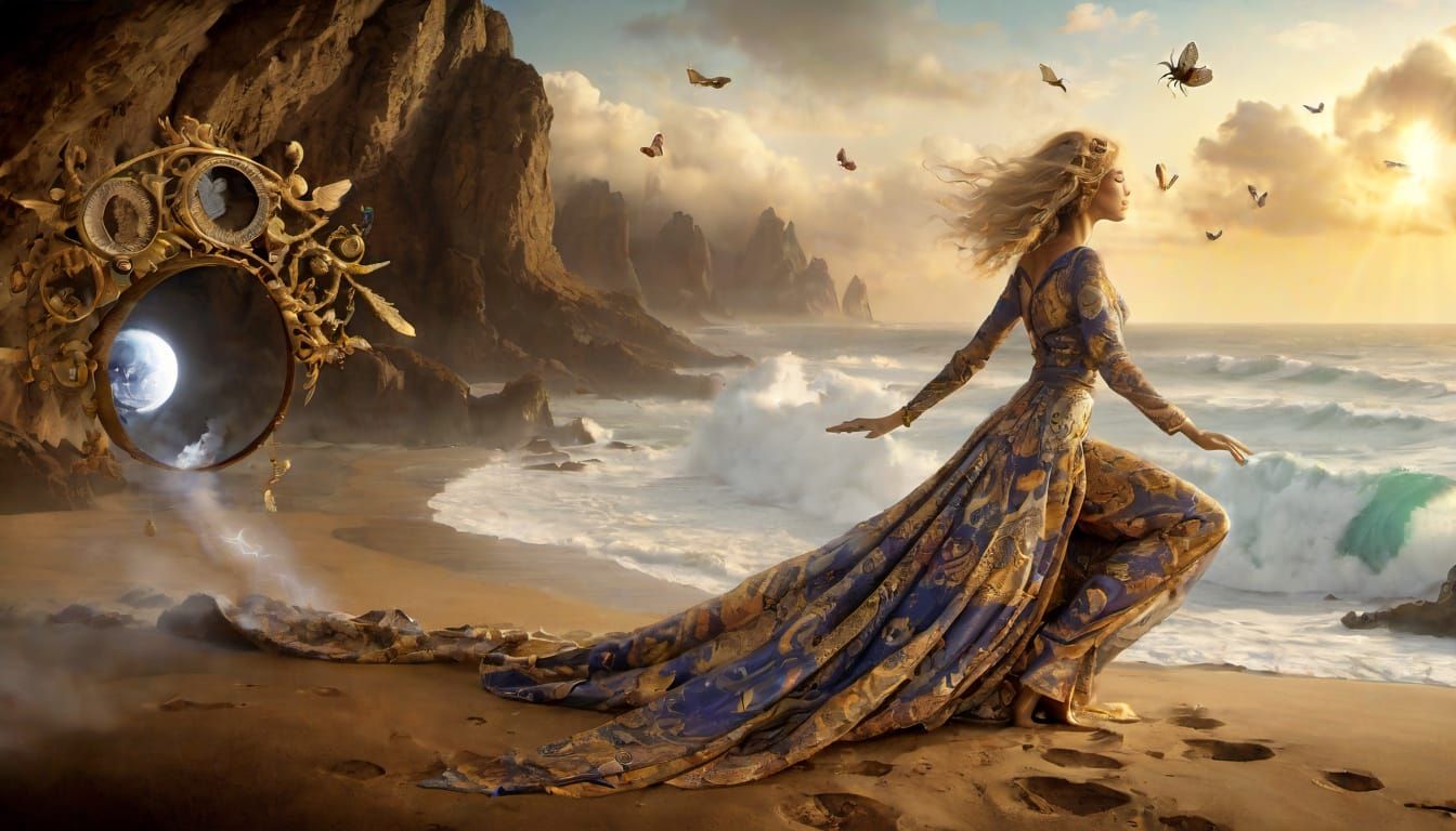 Ethereal Woman Embracing Freedom in a Whimsical Landscape