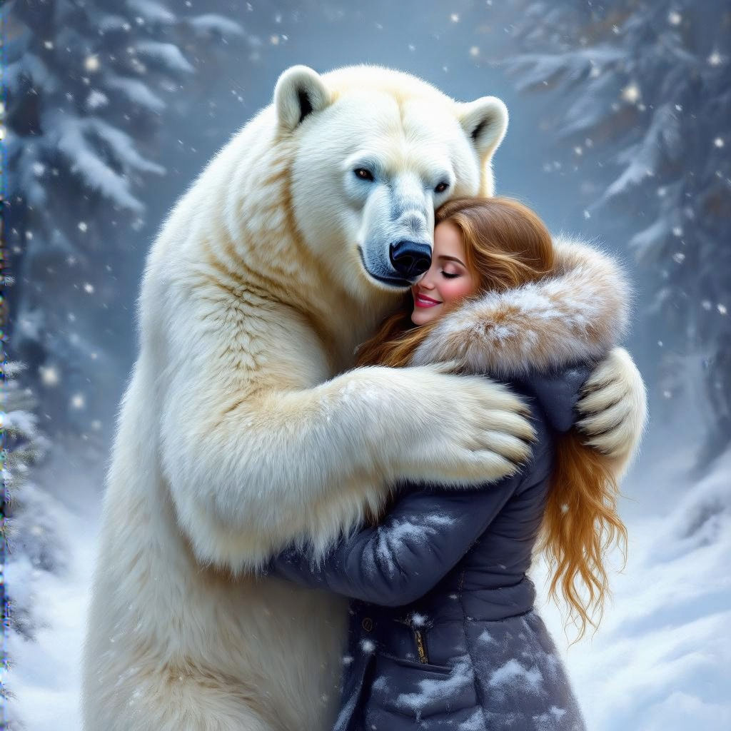 A polar bear holding and lifting a girl with his front paws ...