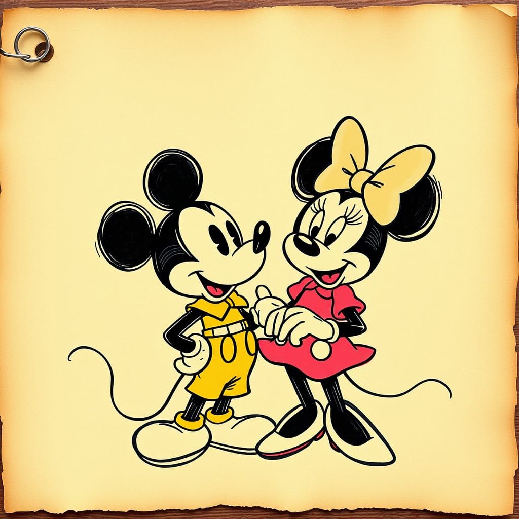 2D Cartoon Art mickey and minnie mouse sketch hand made on an old paper sheet  by @Wawone