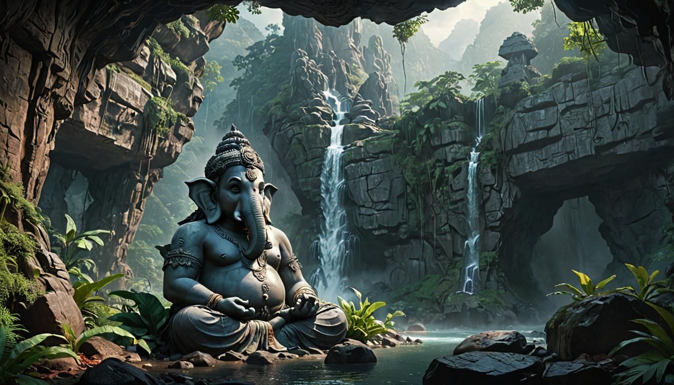 Full details massive hyper realistic cave in rainforest green environment mattpanting big tallest historical ston ganesh big hidan hindu cre...