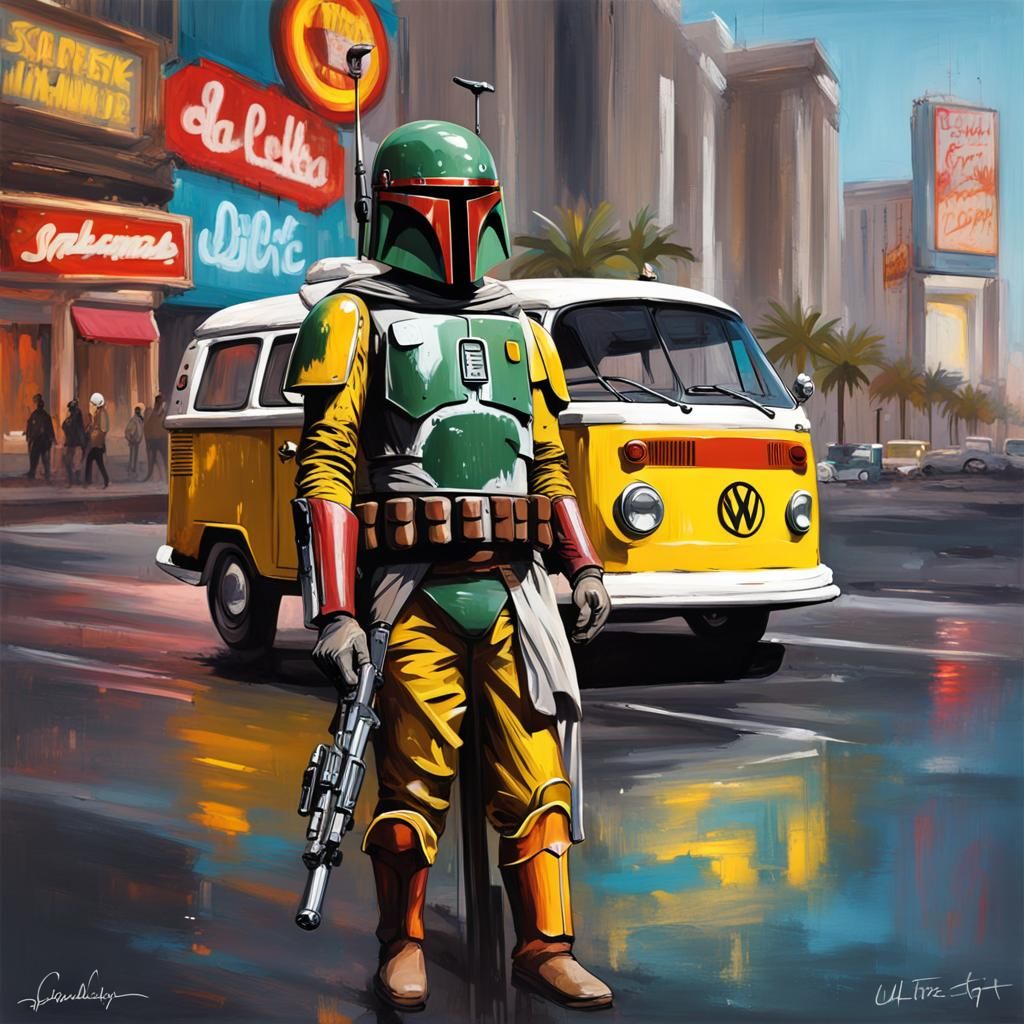 Star wars bounty hunter Boba fett hanging out with his yello...