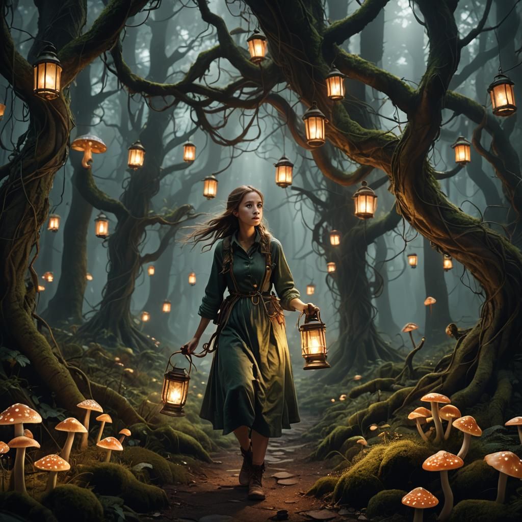 Woman in Mystical Forest with Lantern