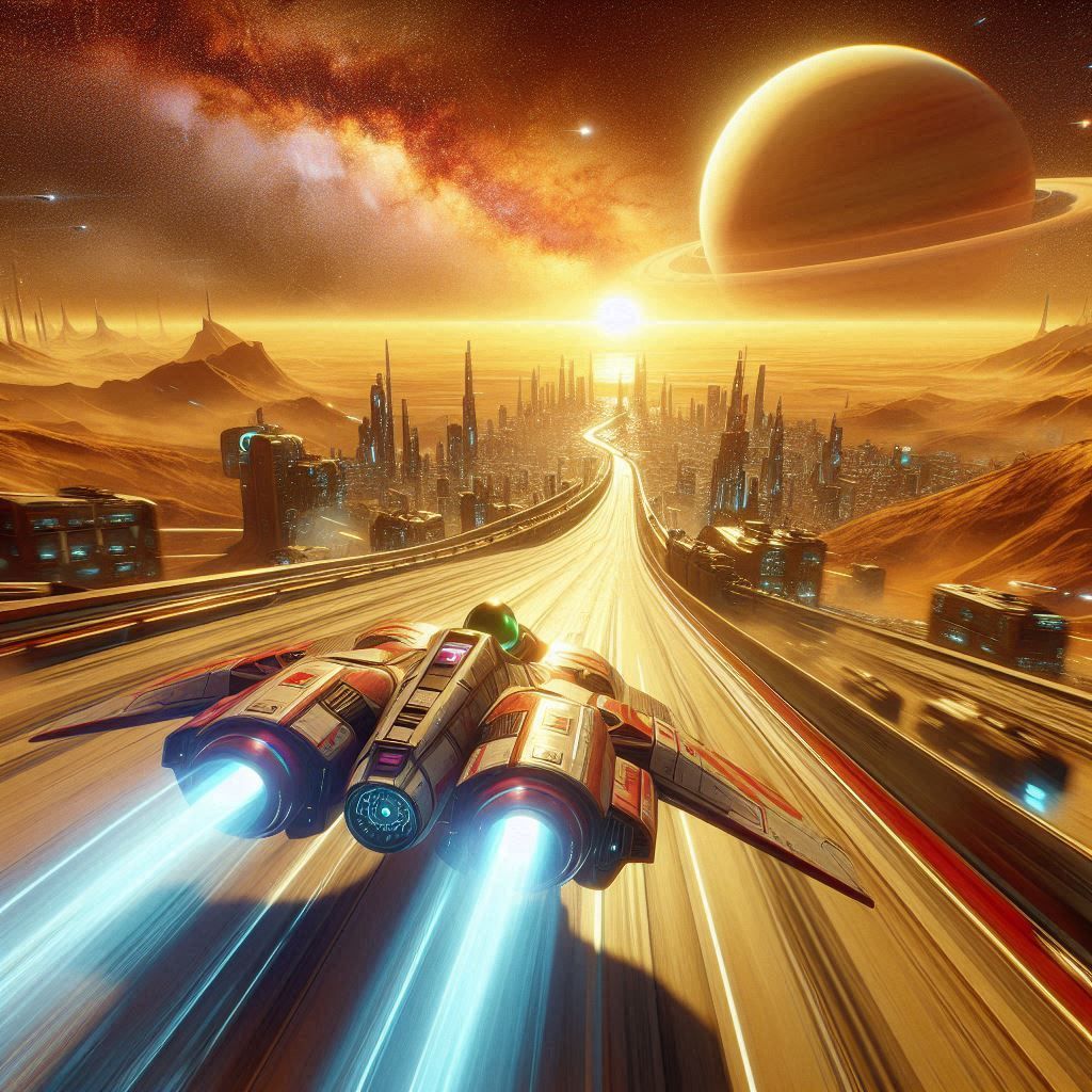 sci-fi racing floating speeders taking a floating road with ...