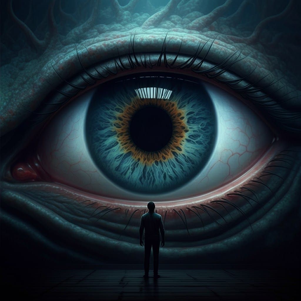 A man standing in front of a colossal Fish tank. Itvis dark inside the tank and we can see a colossal eye looking back at the man. We his re...