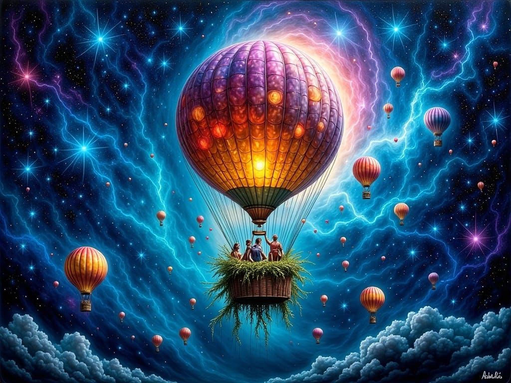 A colorful hot air balloon floating through space!  