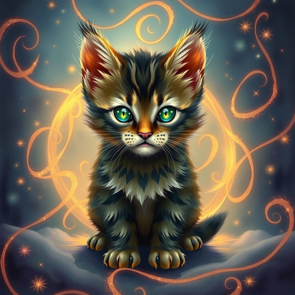 Mystical Kitten in Emerald Aura with Iridescent Swirls