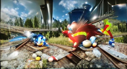 Dr. Eggman fighting Sonic in the middle of a railroad while ...