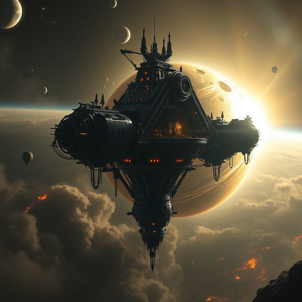 a huge spaceship ark hangs in orbit around a dying star  by @MythsCreator