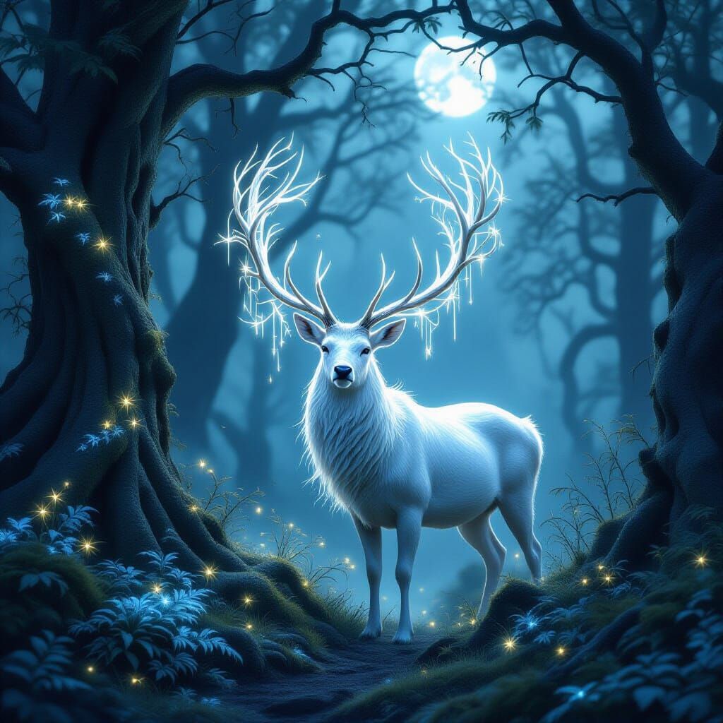 A majestic white stag, its antlers entwined with glowing ethereal vines, stands at the edge of an ancient, mist-shrouded forest. Moonlight f...