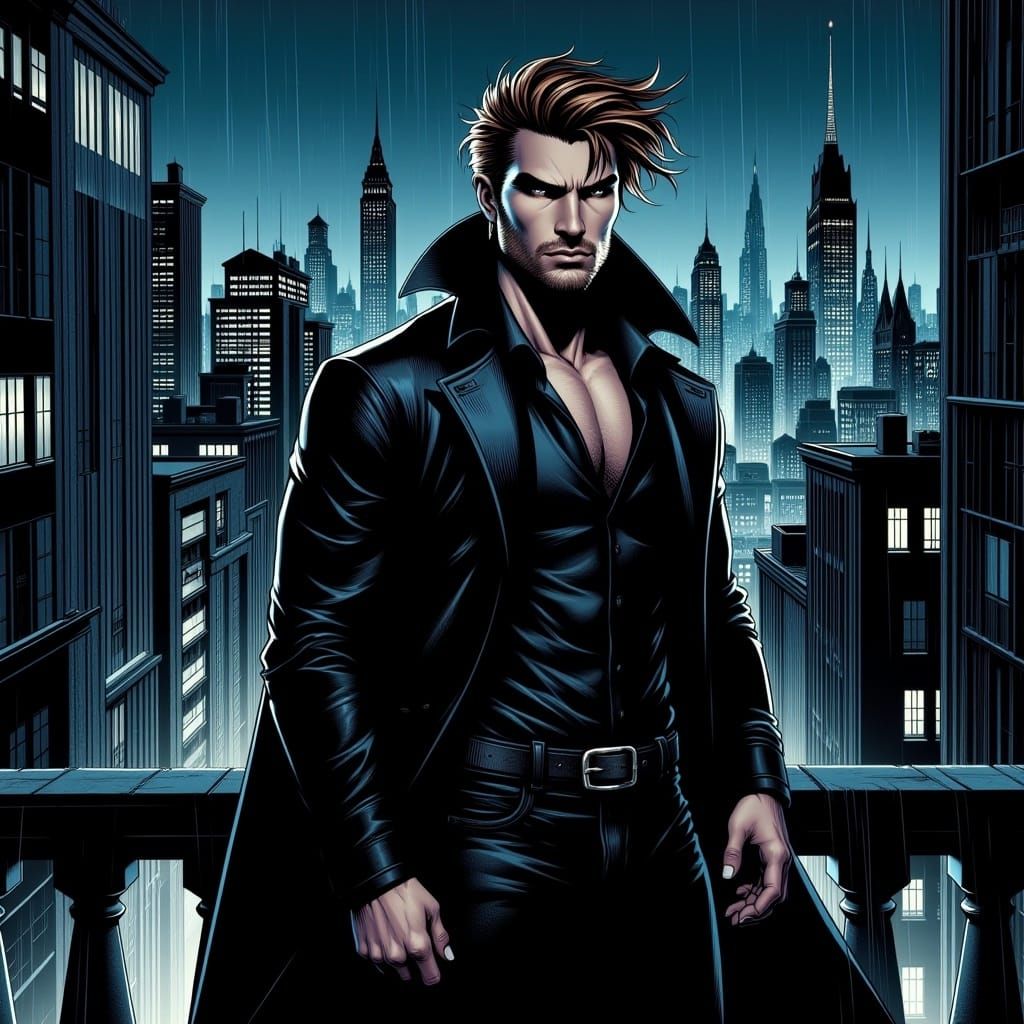 <lora:Flux Comicstyle:1.0>a beautiful, handsome, athletic male vampire, five-days-stubble, shaggy brown hair, long black coat, stoic eyes, s...