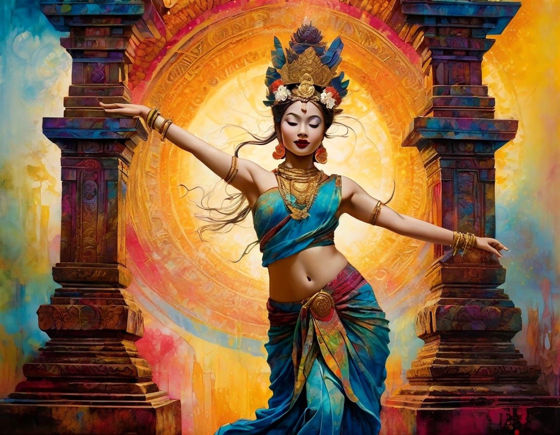 Joyous Balinese dancer, Surreal Hindu temple, Flowy, Vivid, Acid Distressed Texture, Alcohol Ink, Jean Delville, Eiko Ishioka