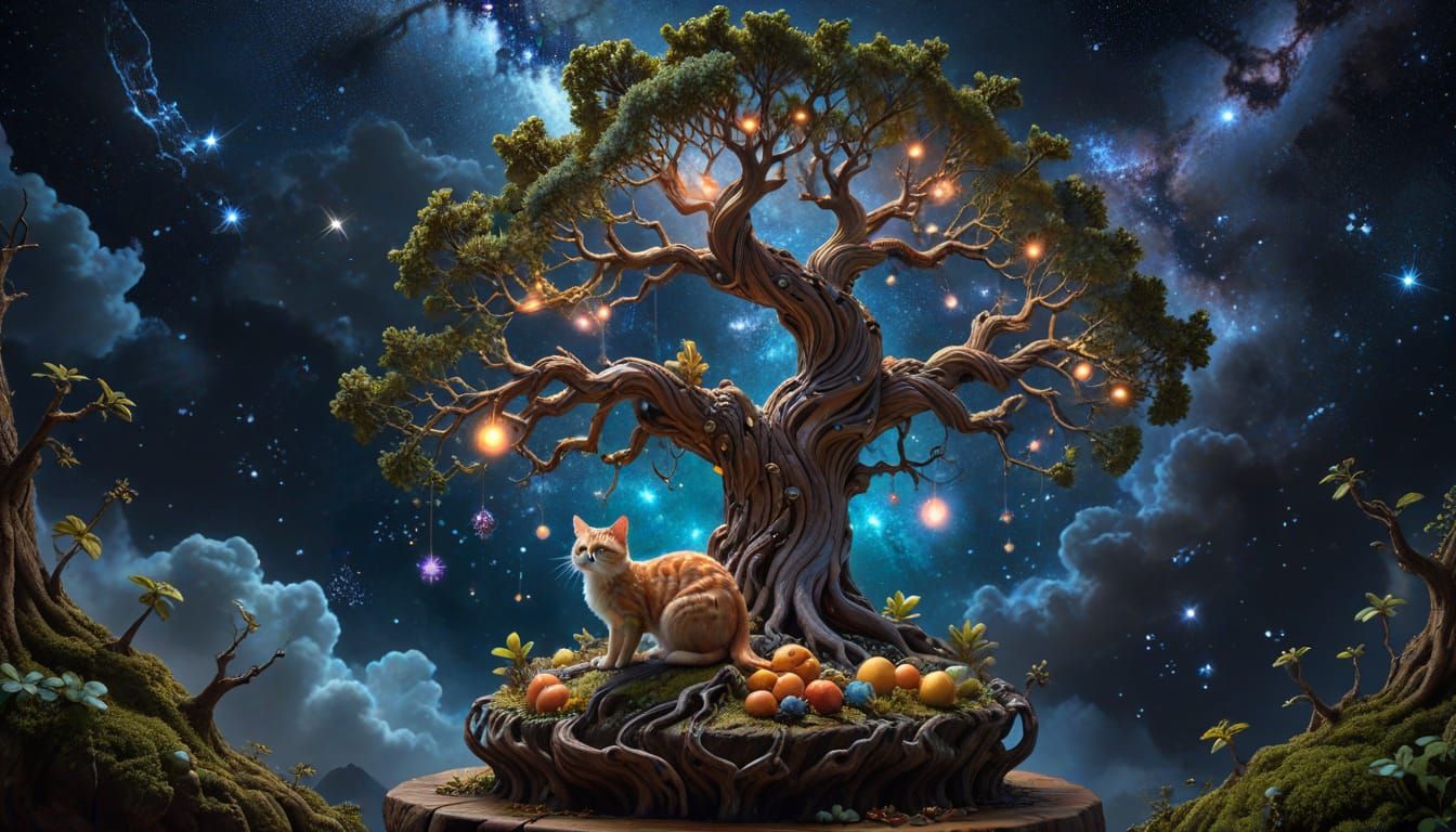 A colossal, ancient tree with glowing roots that stretch into the starry abyss. Luminescent fruits hang from its branches, each containing a...