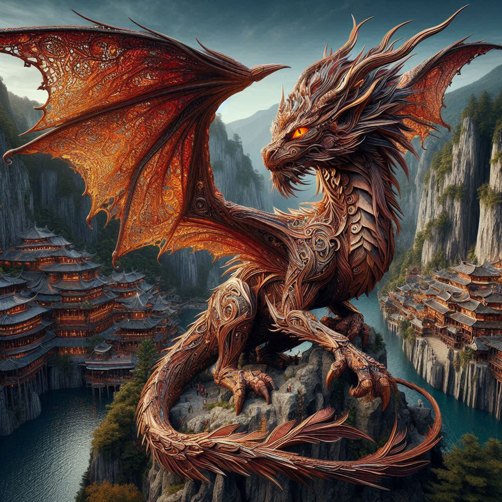 Diaphanous Copper Lace Dragon overlooking chinese village (2)