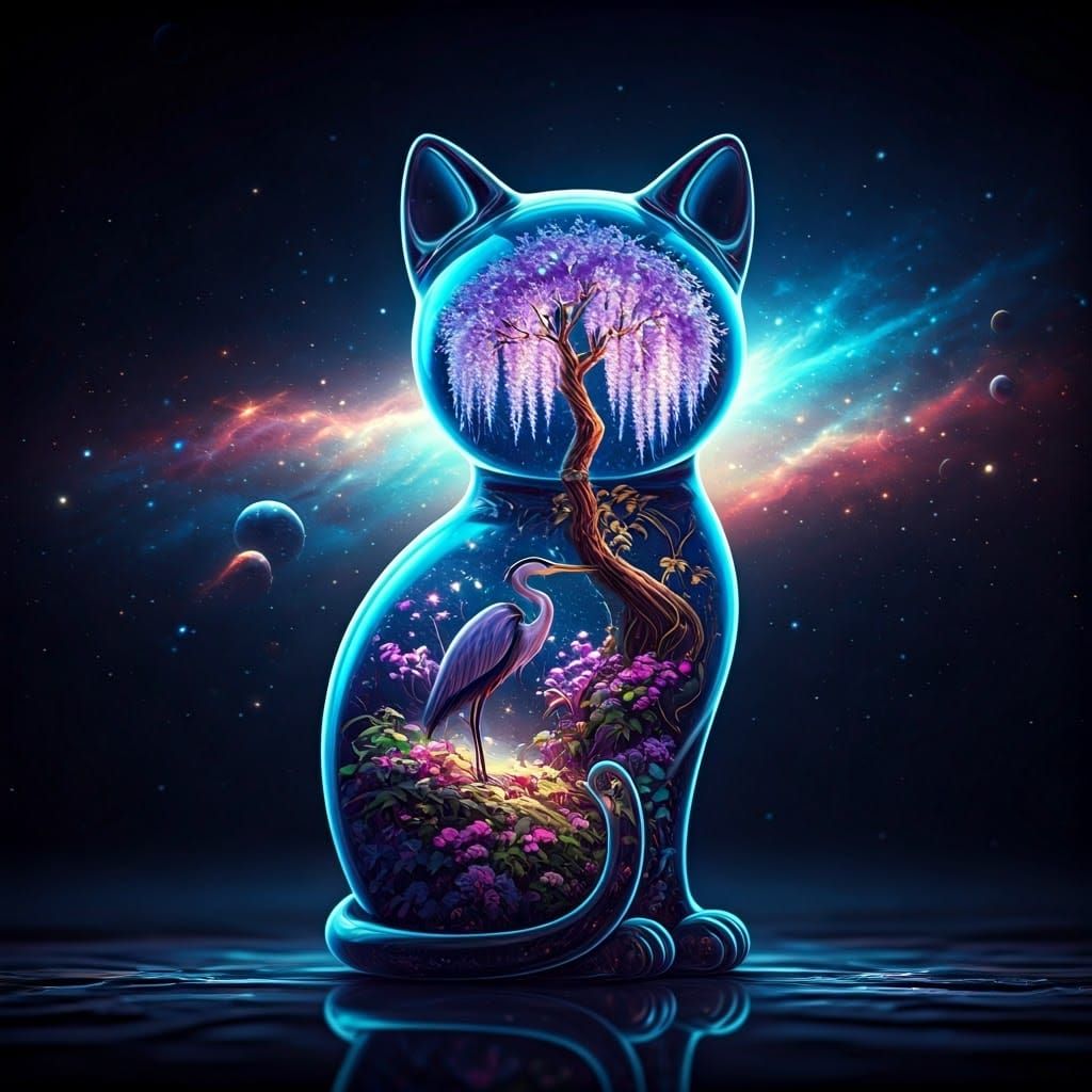 Glass cat with a heron an tree inside