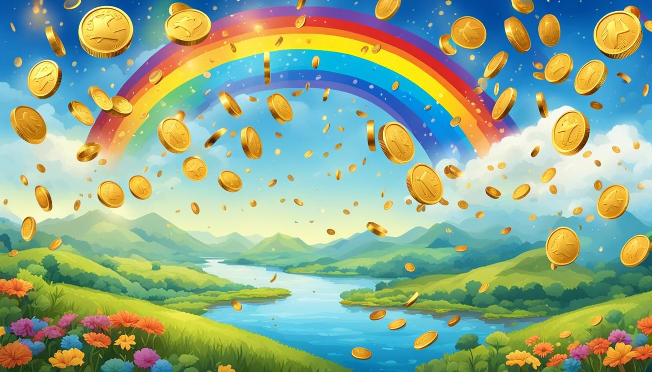 Rainbow Coins Showering From the Sky: Depict a vibrant rainb...