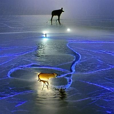 A deer walking on a frozen lake on a snowy night in blue