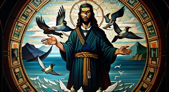 a painting of jesus surrounded by birds and water, a mosaic ...