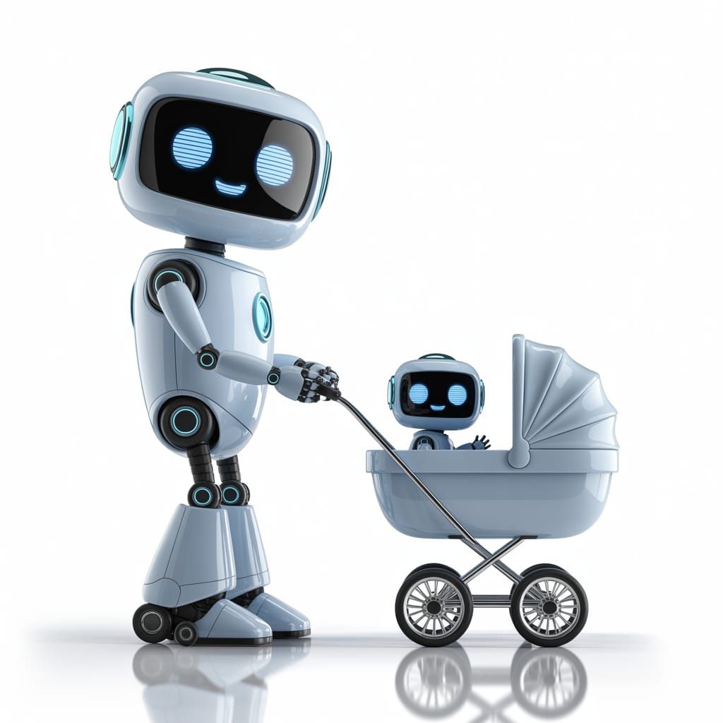 Robot Father Pushing Stroller with Baby Robot