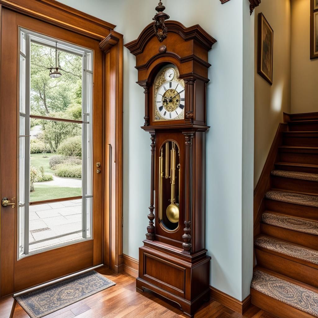 Grandfather clock next to a stairway in the entrance hall of an old ...