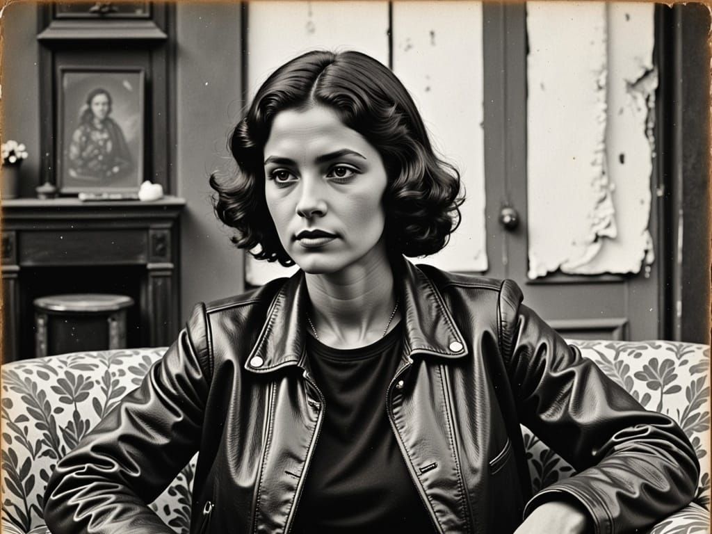 A black and white pencil portrait of a beautiful black woman in black leather pants , perfect nose, anatomically correct <lora:Old photo-por...