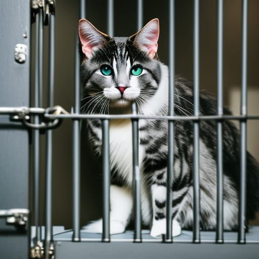 Beautiful fluffy gray stripe cat as a prisoner in jail cell,...