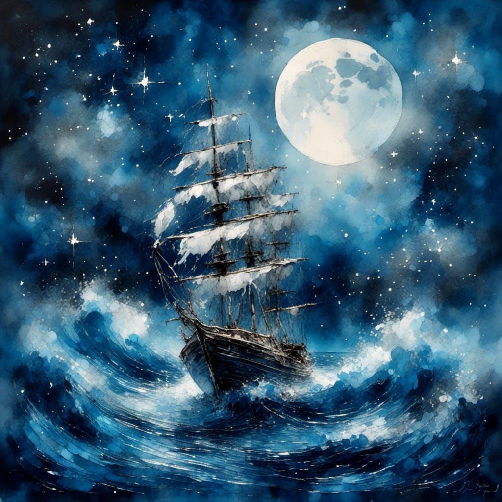 The moon, a silver boat, sails through the sea of stars