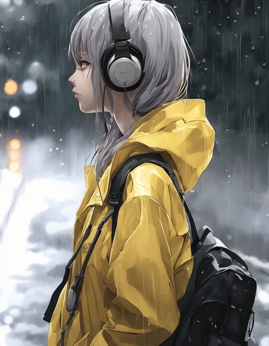 Premium Photo | Anime girl in raincoat with umbrella and cats walking in  rain generative ai