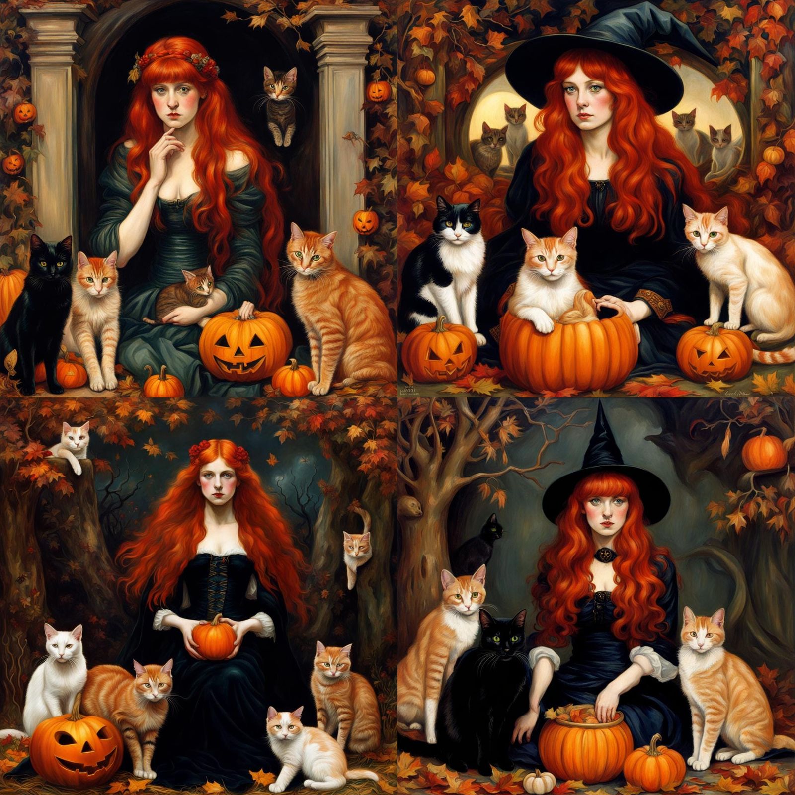 Halloween Witch and Cats done in Pre-Raphaelite style