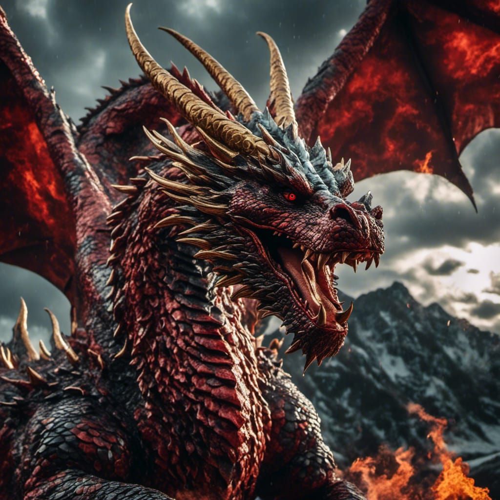 Angry red dragon breathing fire from its mouth with storm clouds in the background. <lora:Dragon Style:1.0> 