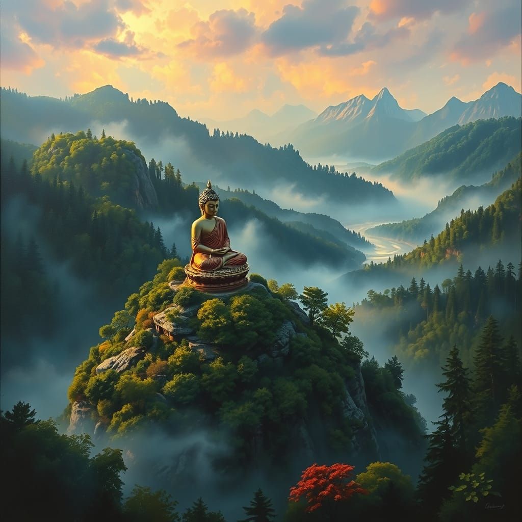 Buddha and Mañjuśrī in a Hyper-Detailed Forest