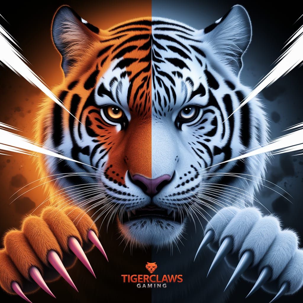 "A surreal hyper vivid, front-facing split portrait of a tiger with one side orange and the other white, resembling a split style personalit...