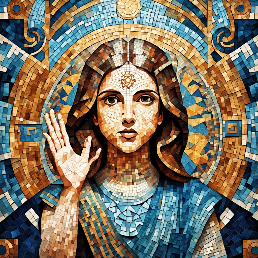 Anna Kendrick, Byzantine mosaic, giving a high five to a Gre...
