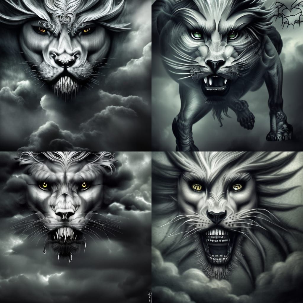 Roaring lion, creature of nightmares, made of cumulus nimbus, storm