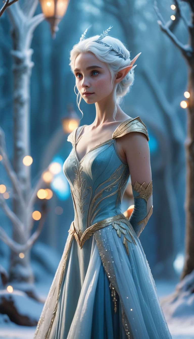 elf in a ball gown, light skin, white hair, full body, winter court