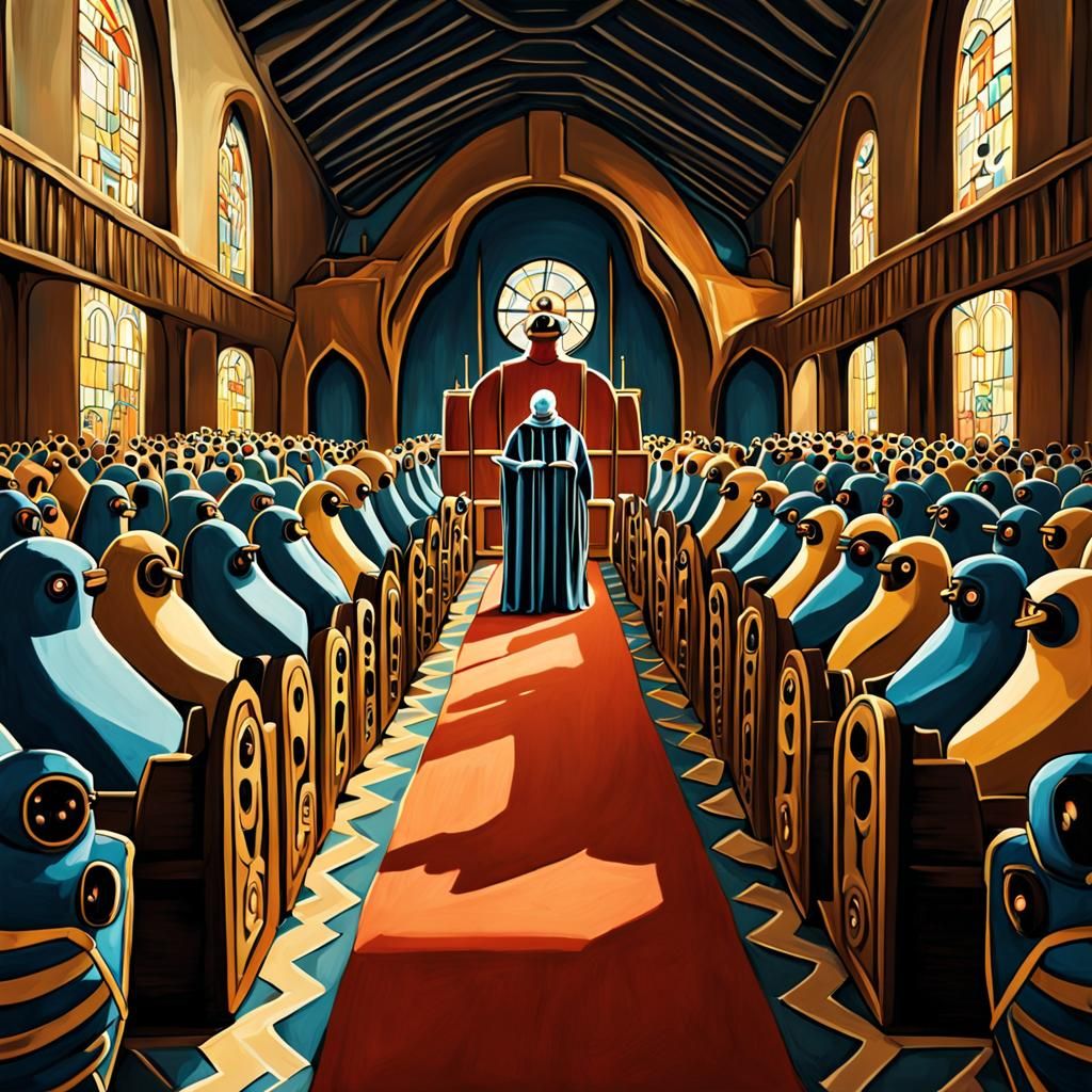 A DroidPriest giving a scolding sermon to several rows of pe...