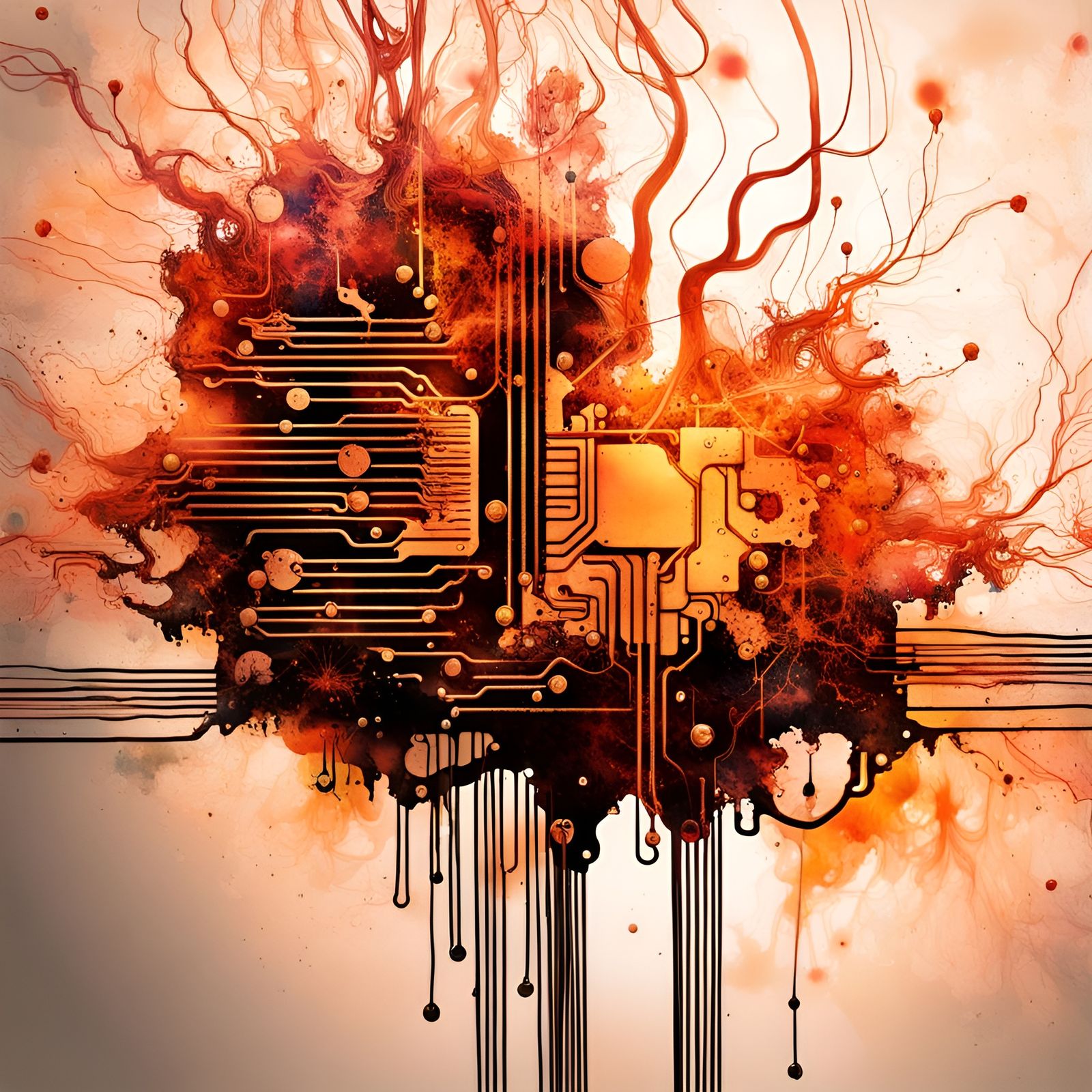 ink splatter art, warm colors and copper string, flowing lines swirling towards transistor, double exposure ...  by @Neya Pey