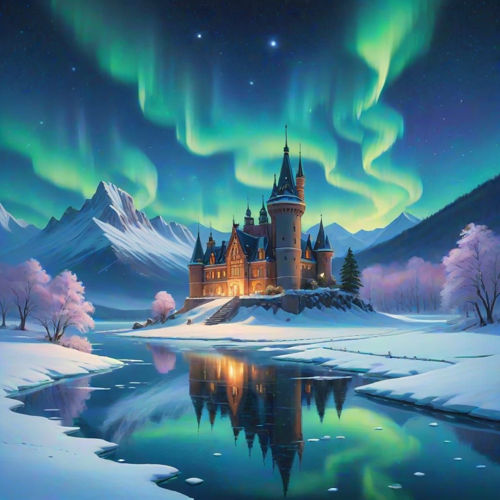 Ethereal Aurora Borealis Reflected on Frozen Lake